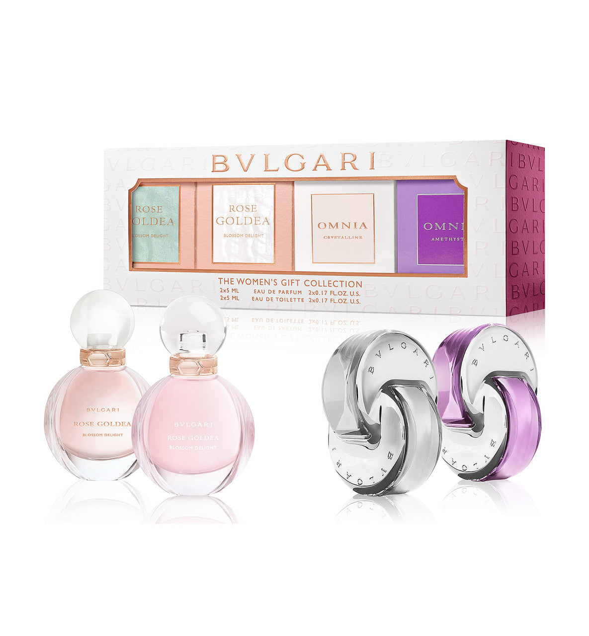 BVLGARI 4 PCS MINI SET FOR WOMEN: ROSE GOLDEA BLOSSOM DELIGHT 5 ML EAU DE TOILETTE + ROSE GOLDEA BLOSSOM DELIGHT 5 ML EAU DE PARFUM + OMNIA CRYSTALLINE 5 ML EAU DE TOILETTE + OMNIA AMETHYSTE 5 ML EAU DE TOILETTE