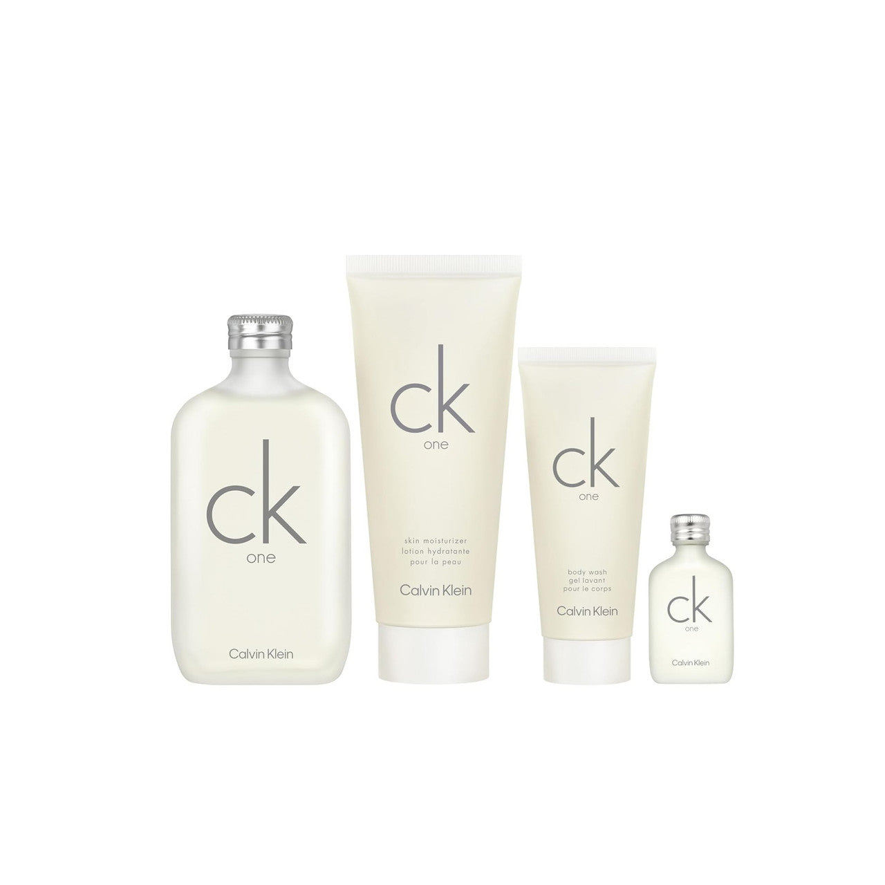 CK ONE 4 PCS SET FOR MEN: 6.7 EAU DE TOILETTE SPRAY + 15 ML EAU DE TOILETTE MINI + 6.7 SKIN MOISTURIZER + 3.3 BODY WASH