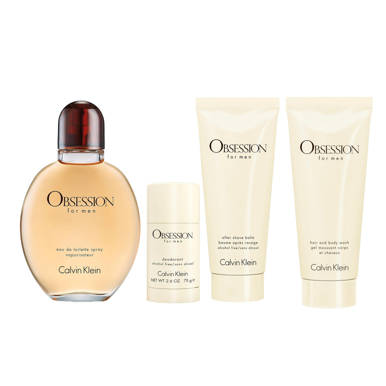 CALVIN KLEIN OBSESSION 4 PCS SET FOR MEN: 4.2 EAU DE TOILETTE SPRAY + 2.6 DEODORANT STICK + 3.3 AFTER SHAVE BALM + 3.3 BODY WASH