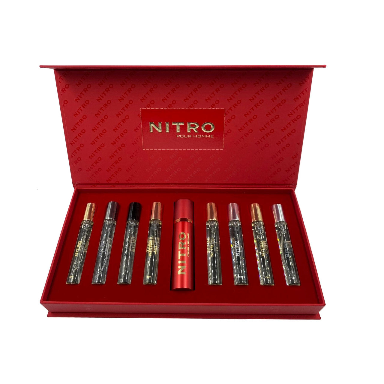 NITRO DUMONT PARIS POUR HOMME 9 * 0.34 EAU DE PARFUM SPRAY SET: NITRO + NITRO BLACK + NITRO GREEN + NITRO INTENSE + NITRO PLATINUM + NITRO RED + NITRO WHITE + NITRO BLUE + TRAVEL SPRAY CASE