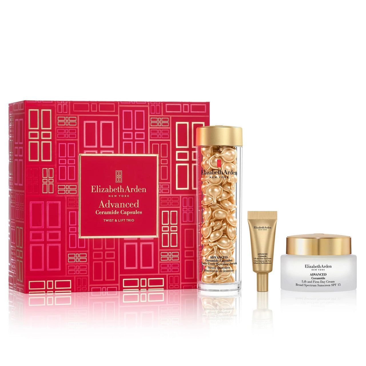 ELIZABETH ARDEN ADVANCED CERAMIDE 3 PCS SET: 90 CAPSULES + LIFT AND FIRM 0.17 EYE CREAM + LIFT AND FIRM 1.7 DAY CREAM SPF15