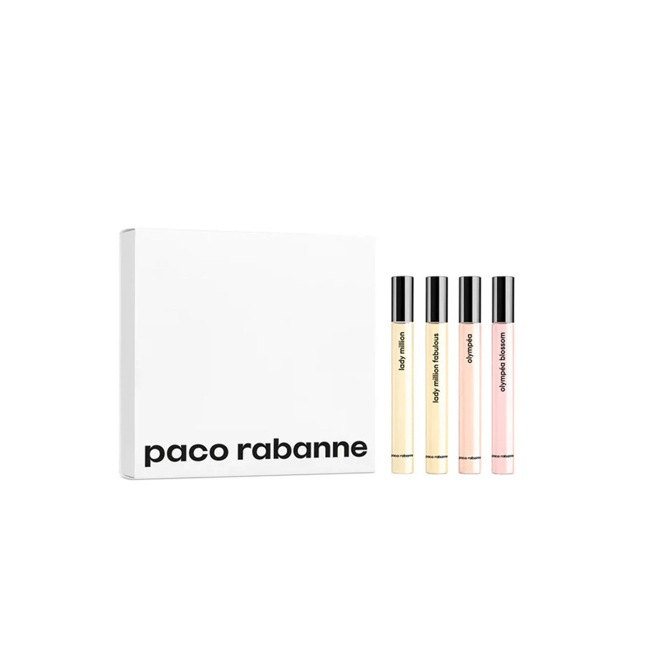 PACO RABANNE 4 PCS EAU DE PARFUM TRAVEL SPRAY SET FOR WOMEN: LADY MILLION 0.34 + OLYMPEA 0.34 + LADY MILLION FABULOUS 0.34 + OLYMPEA BLOSSOM 0.34