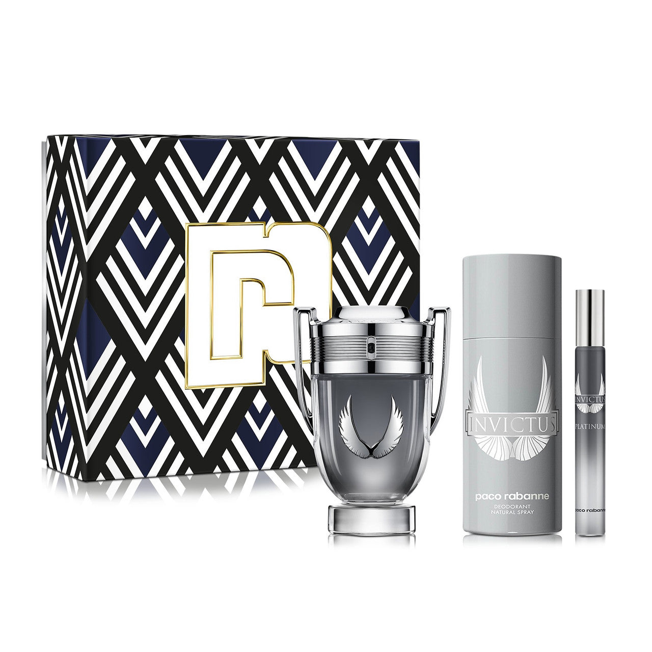 PACO RABANNE INVICTUS PLATINUM 3 PCS SET FOR MEN: 3.4 EAU DE PARFUM + 5.1 DEODORANT SPRAY + 0.34 EAU DE PARFUM