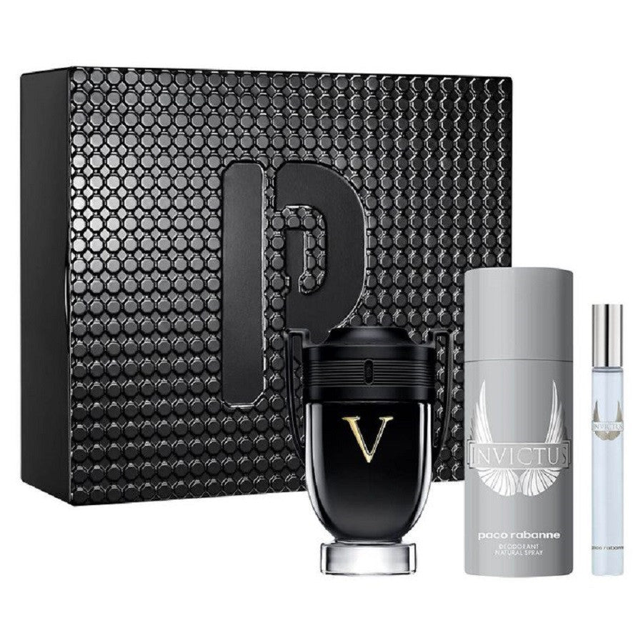 PACO RABANNE INVICTUS VICTORY 3 PCS SET FOR MEN: 3.4 EAU DE PARFUM SPRAY + 5 OZ DEODORANT SPRAY + 0.33 EAU DE PARFUM SPRAY