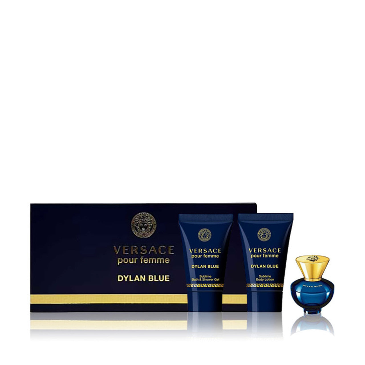 VERSACE DYLAN BLUE 3 PCS SET FOR WOMEN: 5 ML EAU DE PARFUM MINI + 0.8 SUBLIME BATH AND SHOWER GEL + 0.8 SUBLIME BODY LOTION