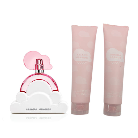 ARIANA GRANDE CLOUD PINK 3 PCS SET FOR WOMEN: 3.4 EAU DE PARFUM SPRAY + 3.4 SHOWER GEL + 3.4 BODY SOUFFLE