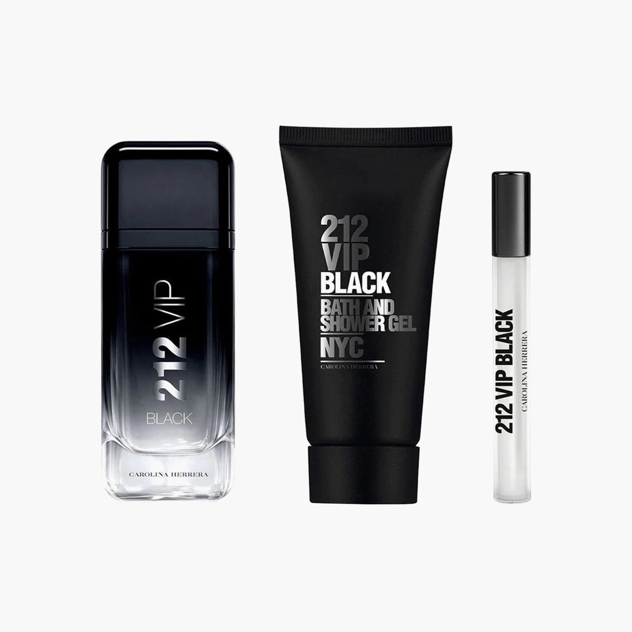 CAROLINA HERRERA 212 VIP BLACK 3 PCS SET FOR MEN: 3.4 EAU DE PARFUM SPRAY + 0.33 OZ EAU DE PARFUM SPRAY + 3.4 SHOWER GEL..