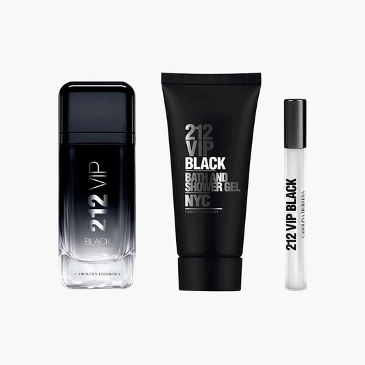 CAROLINA HERRERA 212 VIP BLACK 3 PCS SET FOR MEN: 3.4 EAU DE PARFUM SPRAY + 0.33 OZ EAU DE PARFUM SPRAY + 3.4 SHOWER GEL..