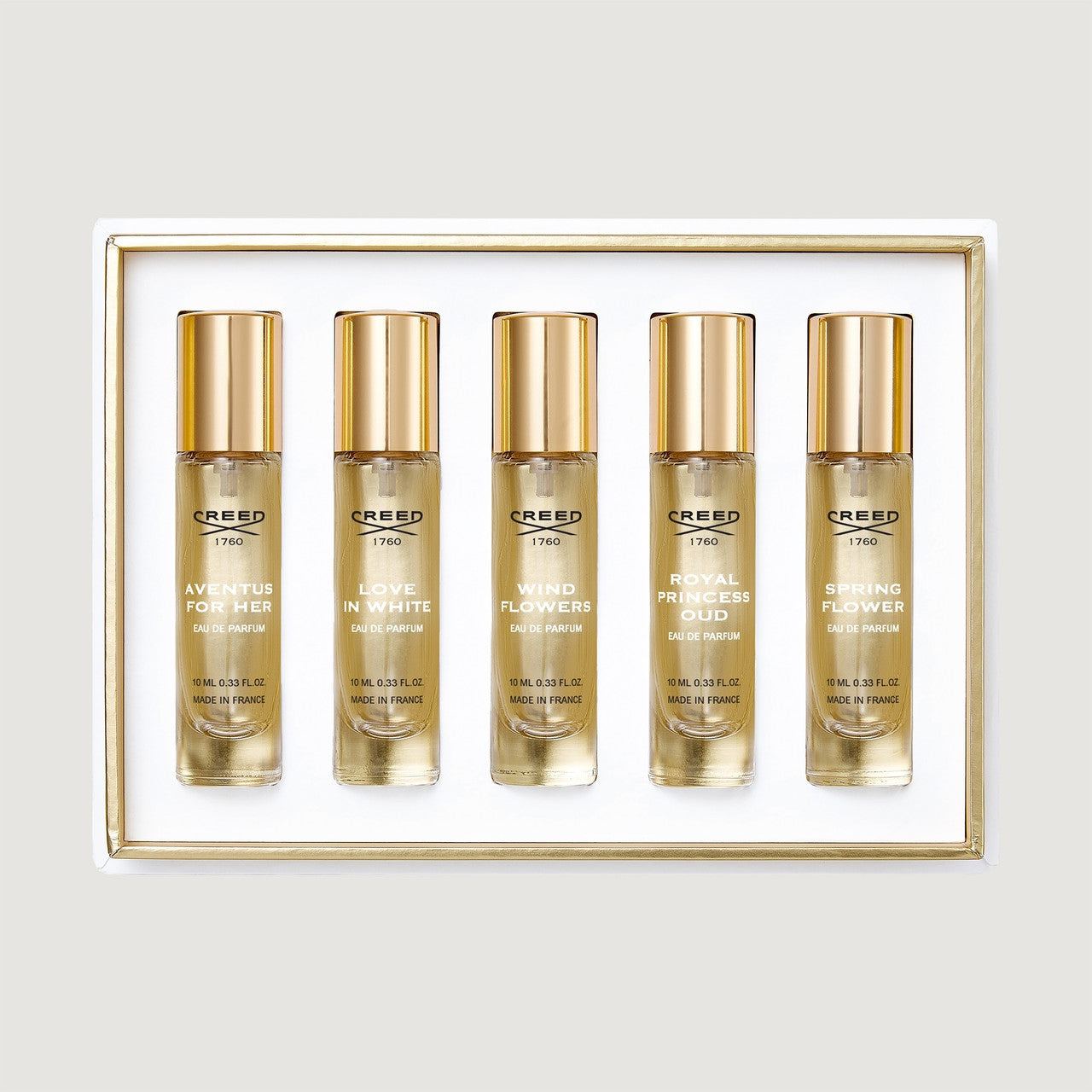 CREED 5 * 0.33 EAU DE PARFUM SPRAY SET FOR WOMEN: AVENTUS FOR HER + LOVE IN WHITE + WIND FLOWERS + ROYAL PRINCESS OUD  + SPRING FLOWER