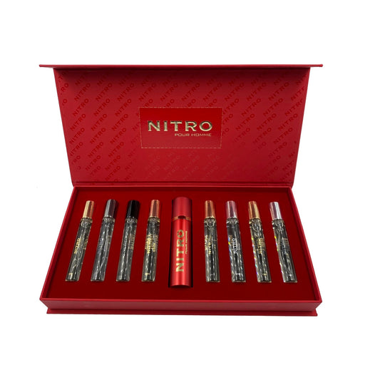 NITRO DUMONT PARIS POUR HOMME 9 * 0.34 EAU DE PARFUM SPRAY SET: NITRO + NITRO BLACK + NITRO GREEN + NITRO INTENSE + NITRO PLATINUM + NITRO RED + NITRO WHITE + NITRO BLUE + TRAVEL SPRAY CASE