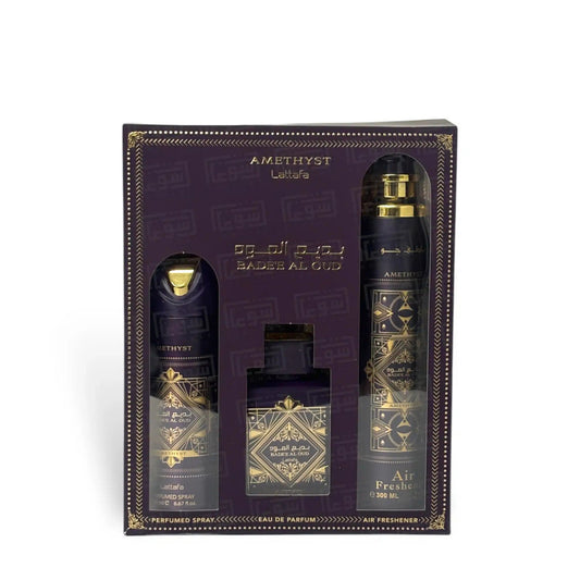 LATTAFA BADE'E AL OUD AMETHYST 3 PCS SET: 3.4 EAU DE PARFUM SPRAY + 6.7 DEODORANT SPRAY + 10 OZ AIR FRESHENER