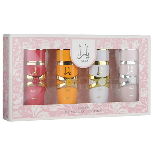 LATTAFA YARA 4 PC TRAVEL SET: 4 * 0.85 EAU DE PARFUM SPRAY SET: YARA + YARA MOI + YARA TOUS + YARA CANDY