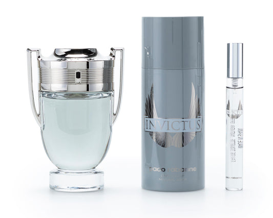 PACO RABANNE INVICTUS 3 PCS SET FOR MEN: 3.4 EAU DE TOILETTE SPRAY + 5.1 DEODORANT SPRAY + 0.34 EAU DE TOILETTE SPRAY.