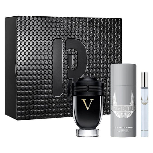 PACO RABANNE INVICTUS VICTORY 3 PCS SET FOR MEN: 3.4 EAU DE PARFUM SPRAY + 5 OZ DEODORANT SPRAY + 0.33 EAU DE PARFUM SPRAY