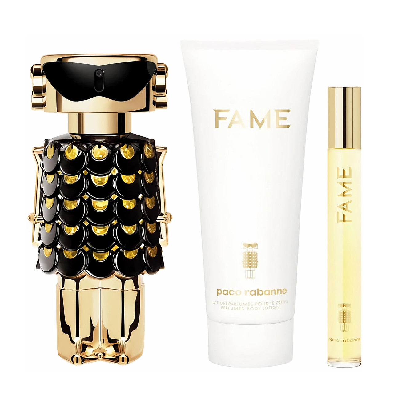 PACO RABANNE FAME PARFUM 3 PCS SET FOR WOMEN: 2.7 PARFUM SPRAY + 0.33 OZ PARFUM SPRAY + 3.4 BODY LOTION