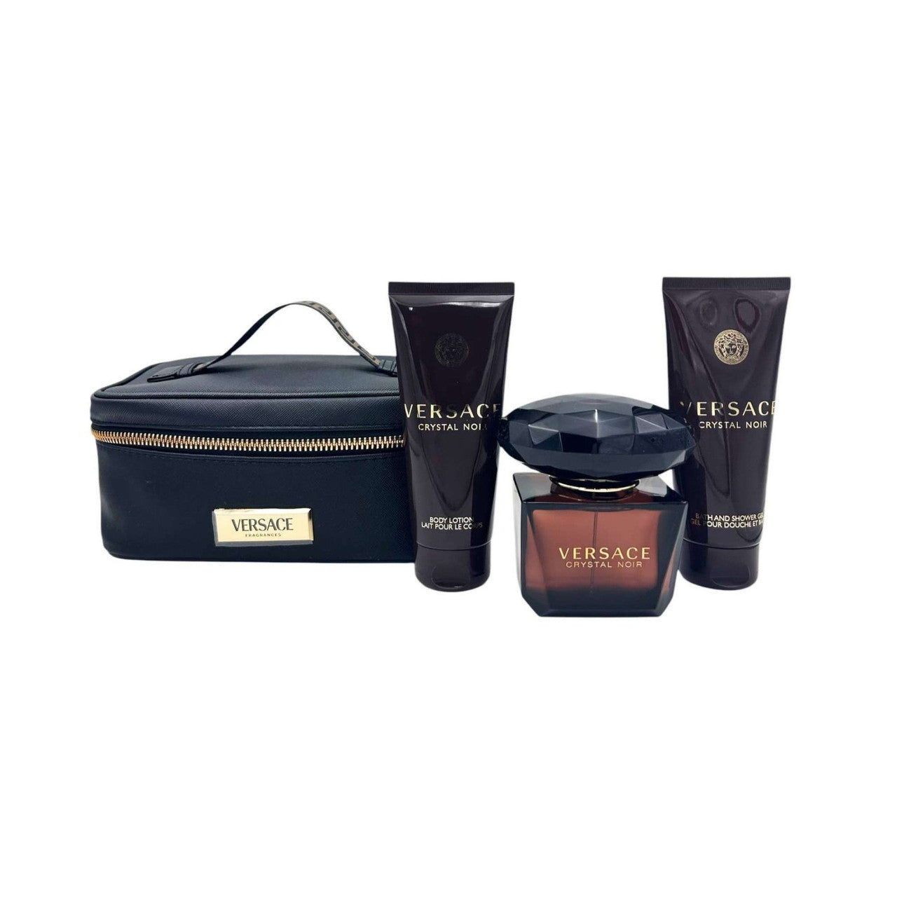 VERSACE CRYSTAL NOIR 4 PCS SET FOR WOMEN: 3 OZ EAU DE PARFUM SPRAY + 3.4 BODY LOTION + 3.4 BATH AND SHOWER GEL + TRAVEL POUCH