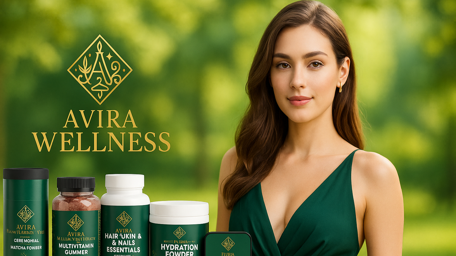 Woman in a green dress standing next to Avira Wellness products with a green blurred background